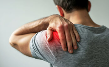 Man suffering from shoulder pain. Joint problems and arthritis. Health and medical concept.