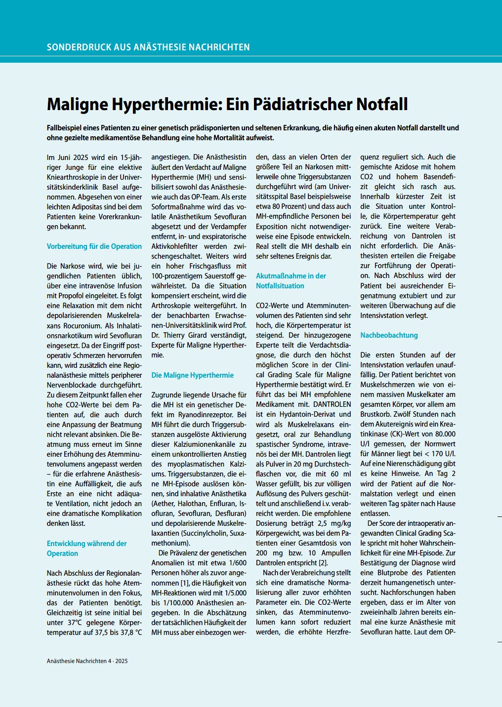 Cover Sonderdruck AN 4/25 Maligne Hyperthermie: Ein pädiatrischer Notfall