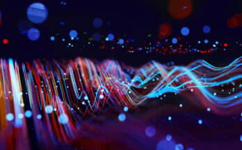Digital generated image of abstract flowing data made out of numbers and glowing blue and red splines moving away from camera on black background.