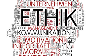 Word Cloud zu Ethik in Form eines Gesichts im Profil