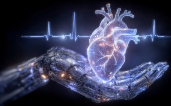 A robotic hand holds a glowing digital human heart with an ECG waveform in the background, symbolizing the fusion of technology and medicine.