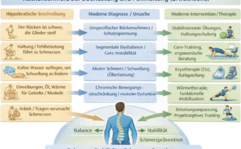 Rückenschmerz bei Überlastung und Fehlhaltung (Erwachsene). Vergleich der Hippokratischen Vorstellung mit modernen Diagnose- und Therapieformen. (Quelle: Mittels ChatGPT erstellte Grafik)