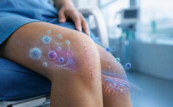 Nahaufnahme einer heilenden Operationsnarbe am Knie in klinischer Umgebung. Dezente wissenschaftliche Visualisierung von Immunaktivität, Entzündungsprozessen und Geweberegeneration über dem Operationsbereich.