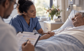 Eine Pflegefachperson berührt behutsam den Unterarm eines Patienten im Klinikbett; im Vordergrund ist ein Klemmbrett mit Bewertungsskalen zu sehen.