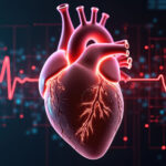 Human Heart 3D Illustration with Red Light and ECG Line. Medical Anatomy Concept - Healthcare, Medicine, and Science
