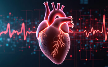 Human Heart 3D Illustration with Red Light and ECG Line. Medical Anatomy Concept - Healthcare, Medicine, and Science
