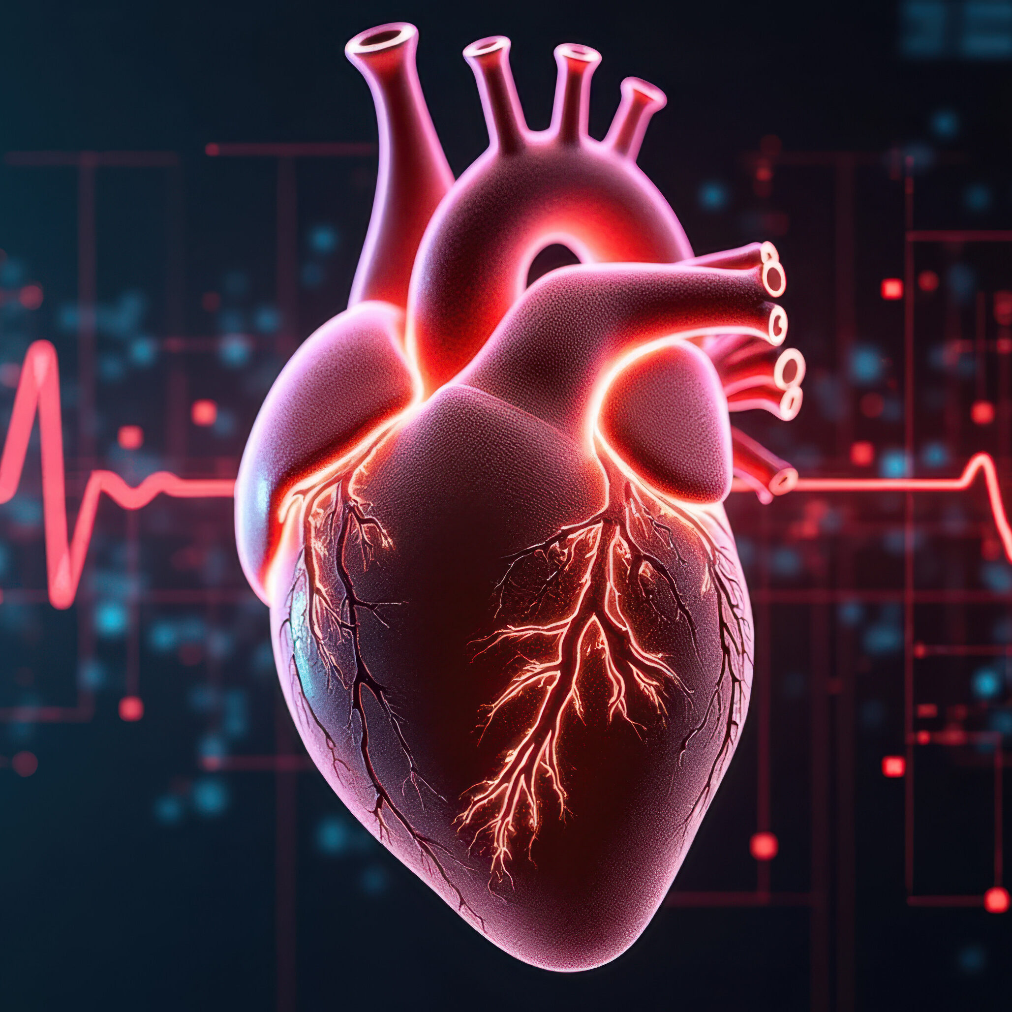 Human Heart 3D Illustration with Red Light and ECG Line. Medical Anatomy Concept - Healthcare, Medicine, and Science
