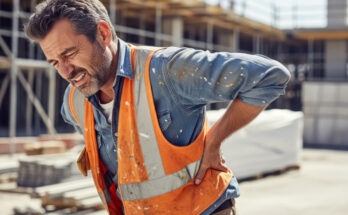Construction worker experiencing back pain at building site  workplace safety and health.